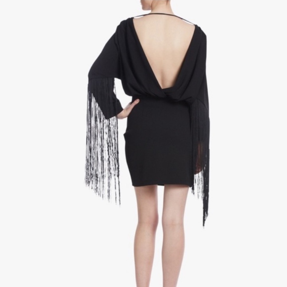 Draped Back Fringe Long Sleeve Cocktail Dress